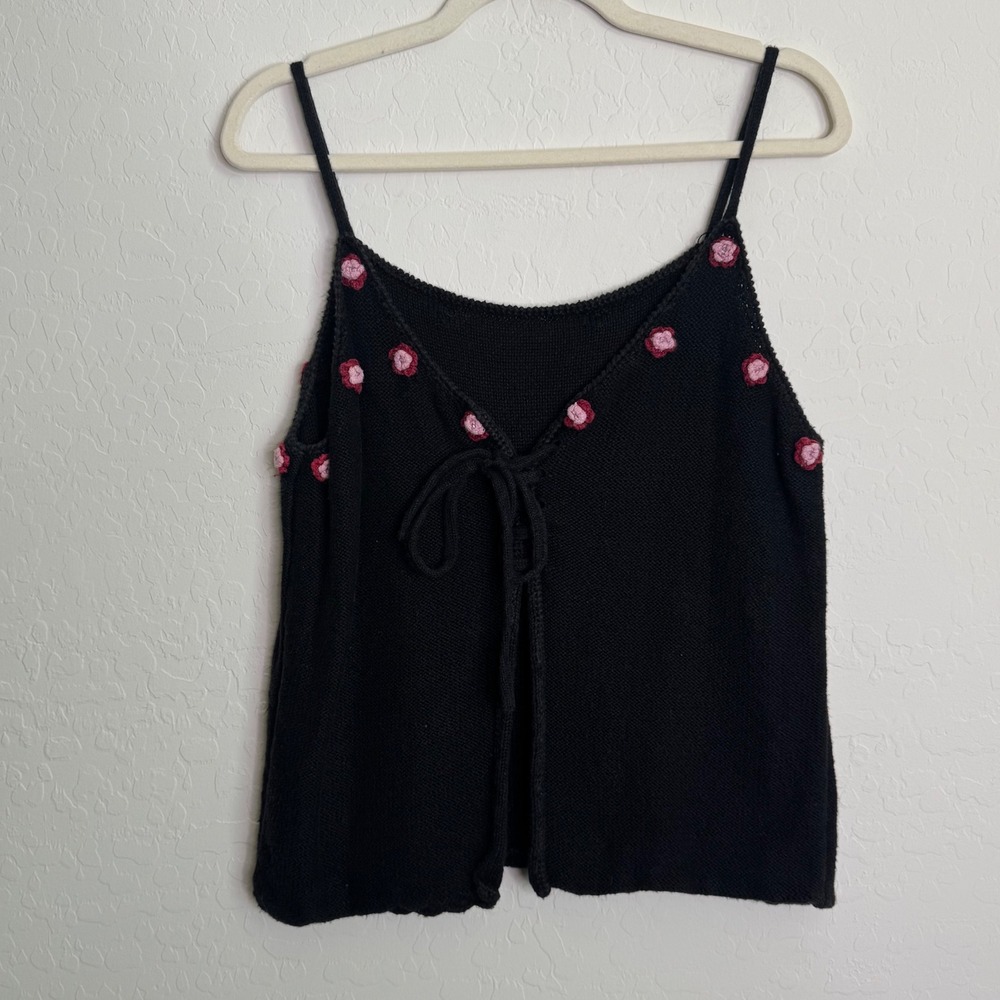 VTG Y2K Newport News Women Ramie Cotton Cami XL Black Floral Tie Front Coquette